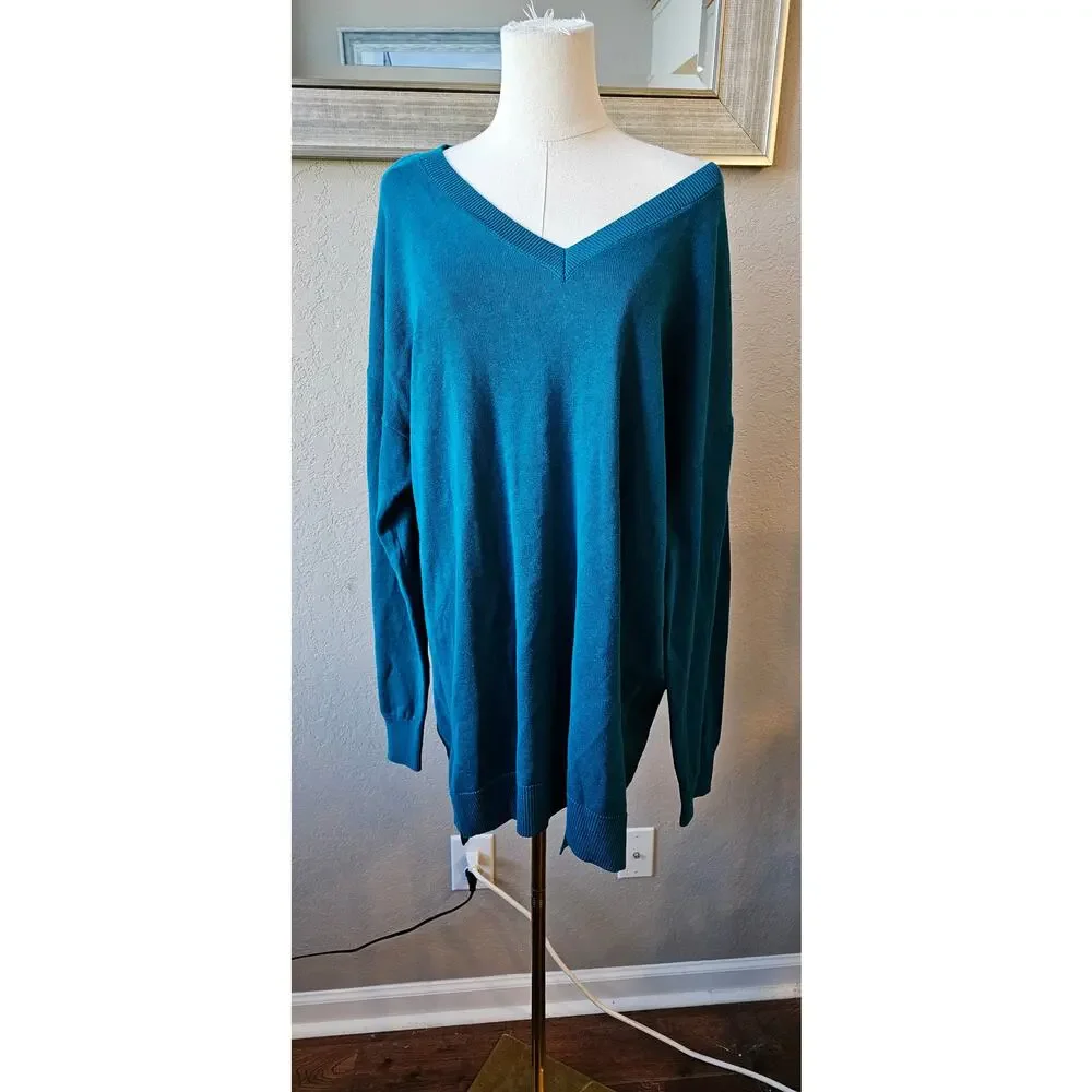 Girl with Curves French Terry V-Neck Long Sleeve Sweater‎ Women Size 2XL Blue